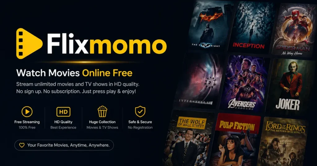 Flixmomo streaming website banner with dark theme, movie posters collage, and “Watch Movies Online Free” tagline